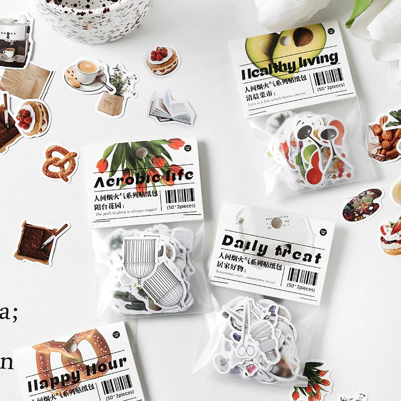 100Pcs Vintage Baked Goods Healthy Living Stickers Pack DIY Diary Junk Journal Decoration Label Sticker Album Scrapbooking - купить по