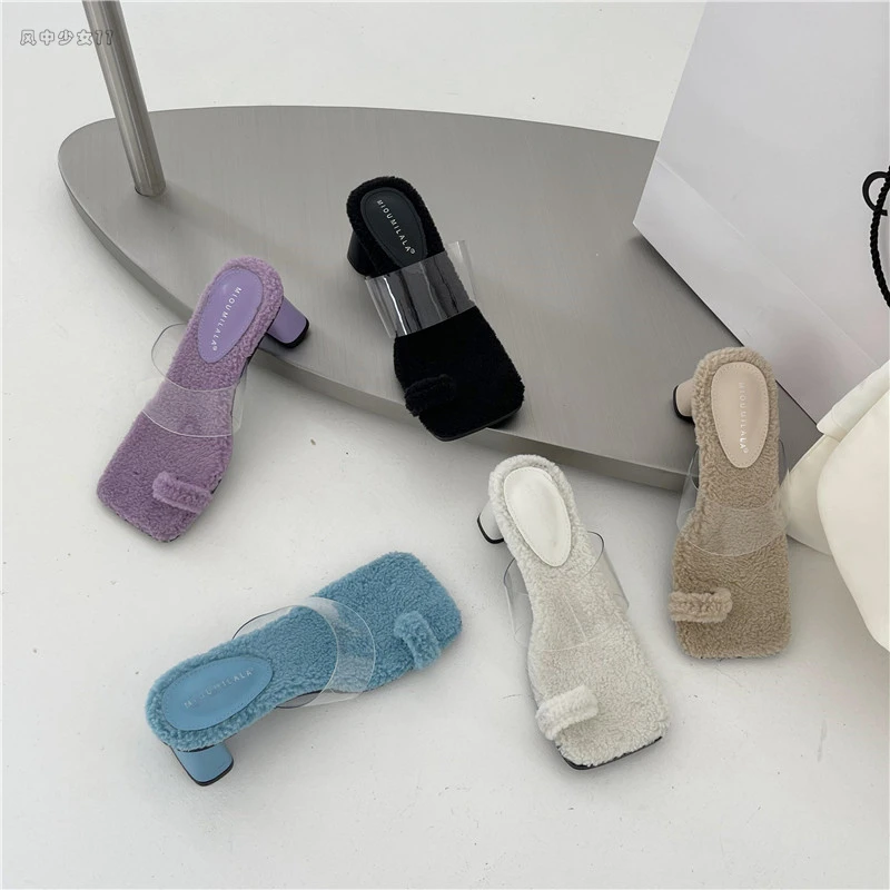 

Женские шлепанцы из флока, прозрачные шлепанцы на среднем каблуке, с квадратным носком, из мягкой искусственной кожи, 2022