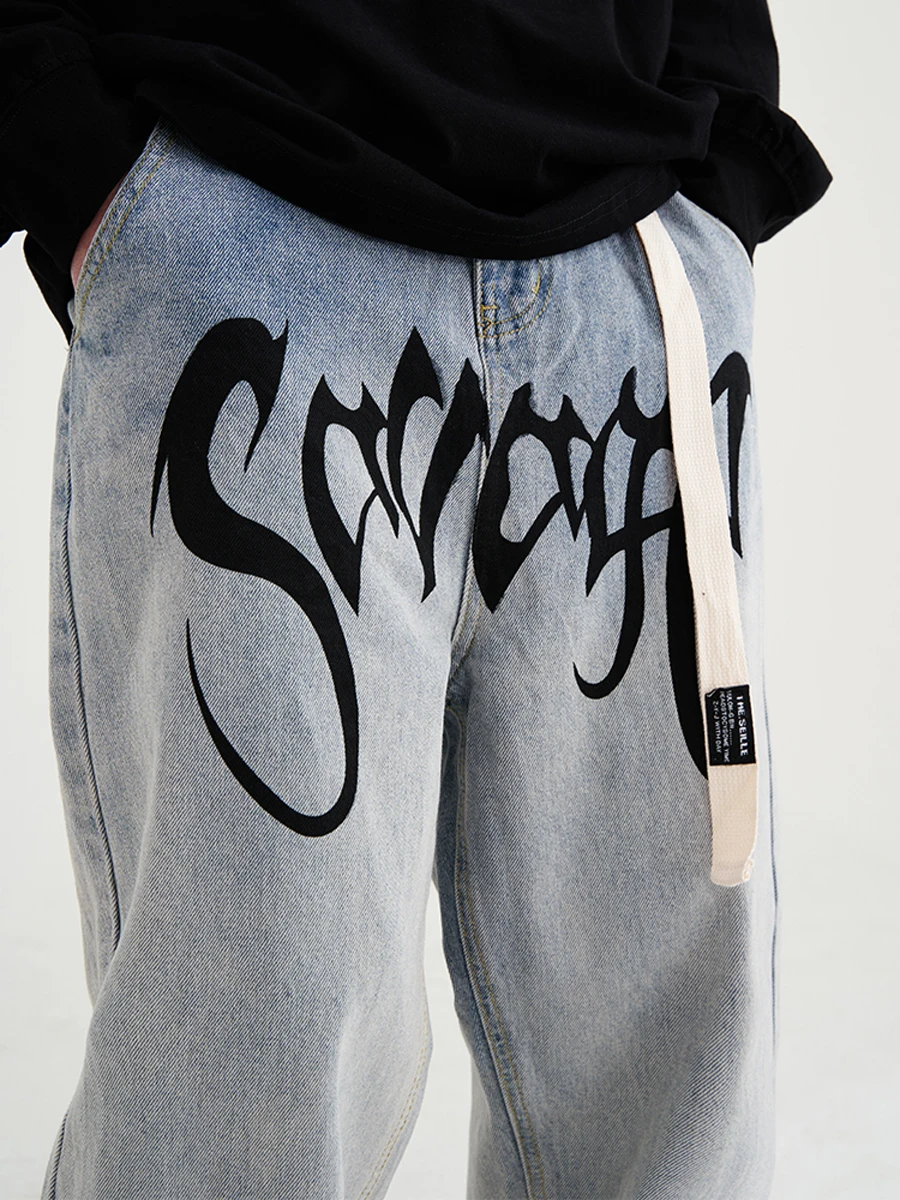 Four Seasons Solid Color Jeans Men's Letter Print Trend Loose Retro High Street Pants Fashion Streetwear Men Ins Hot Sale JEANS