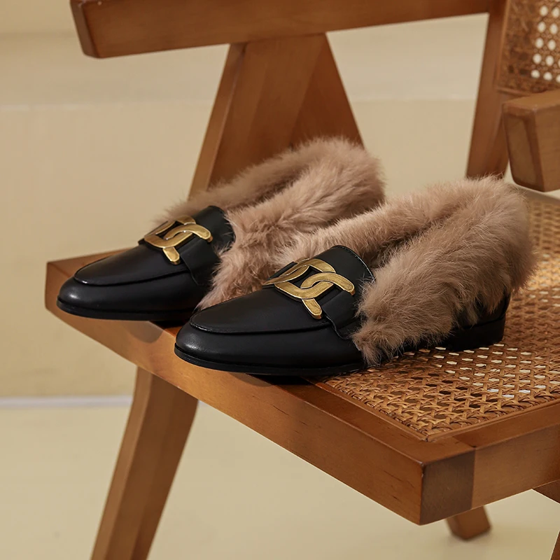 MythLuo Mules Shoes For Women Flat Loafers shoes Genuine Leather With Rabit Fur Round Toe With CHAIN Low Heels  Loafer Shoes