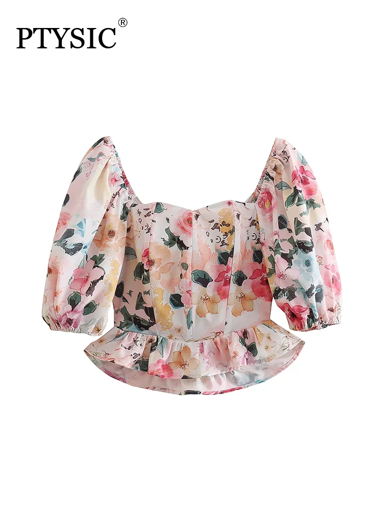 

PTYSIC Women Elegany Cropped Blouse Short Sleeve Elastic Waist Backless Casual Girls Shirt Tops Streetwear