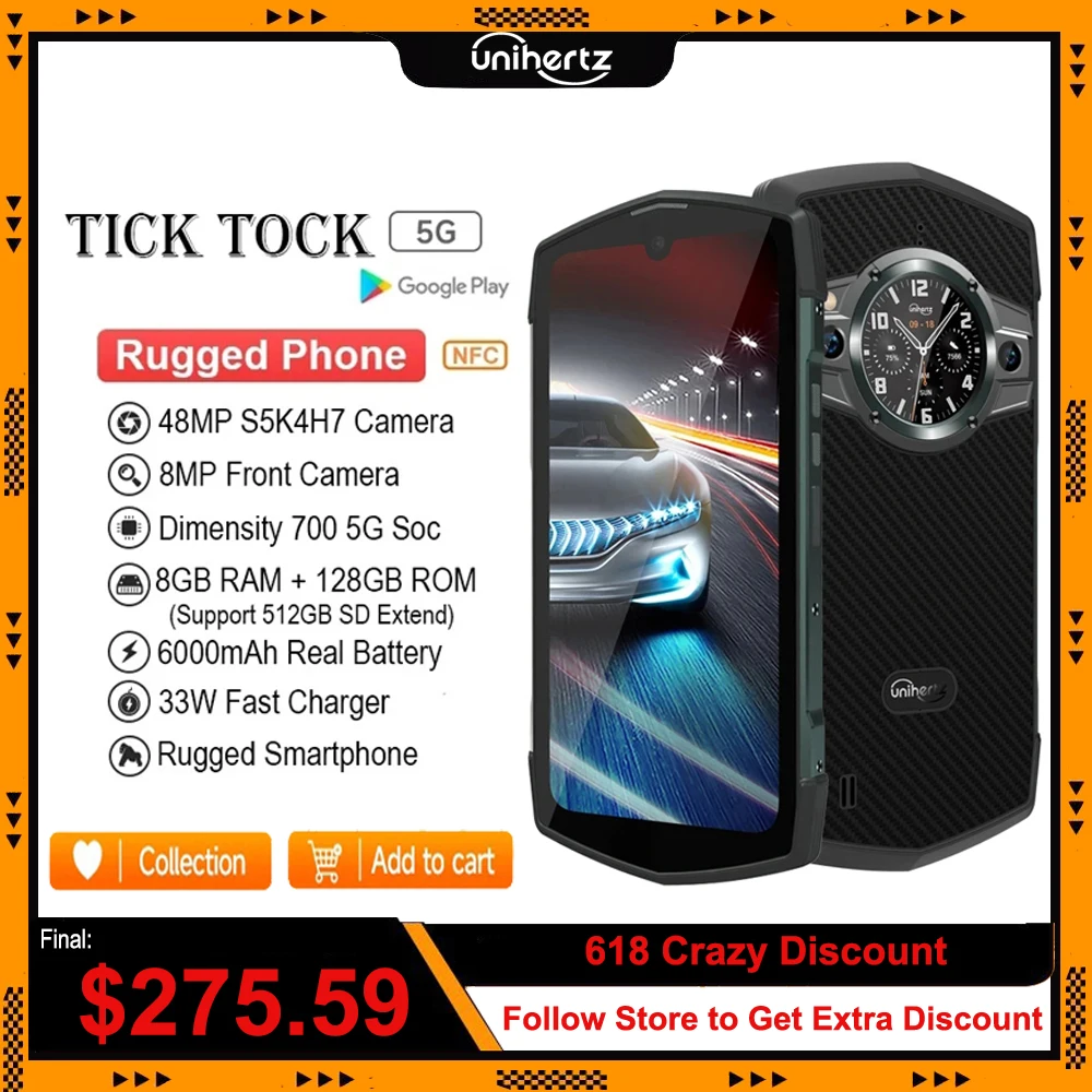 Unihert Tick Tock 5G Rugged Smartphone 8GB 128GB Octa Core 6.3 inch Screen Cellphone 8MP 48MP 6000mAh Fast Charger Phone