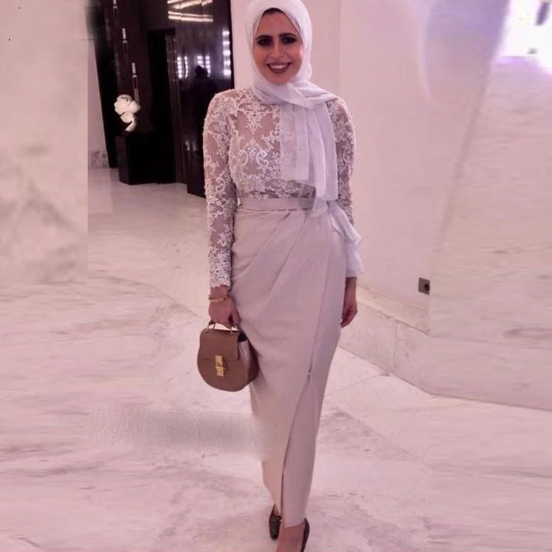 

Slit Muslim Evening Dresses Long Sleeves Illusion Scarf Special Occasion robe soiree Islamic Dubai Kaftan Saudi Arabic Prom Gown