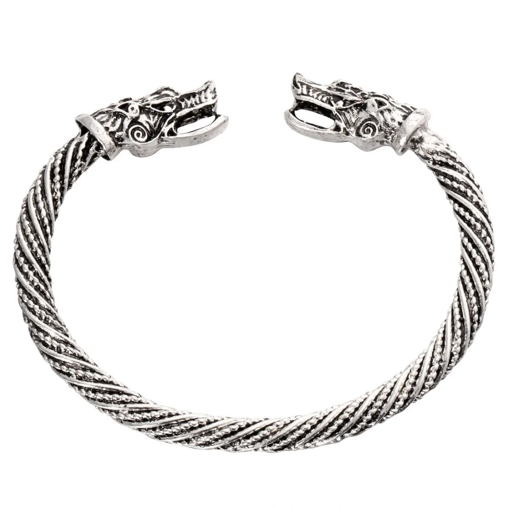 

Vintage Dragon Head Mouth Open Cuff Bracelet Nordic Viking Bangle Antique Silver Color Twisted Pattern Carved Wristband Jewelry