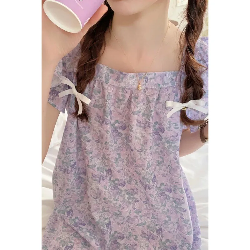 Женская ночная рубашка без рукавов летняя фиолетовая пижама из полиэстера с