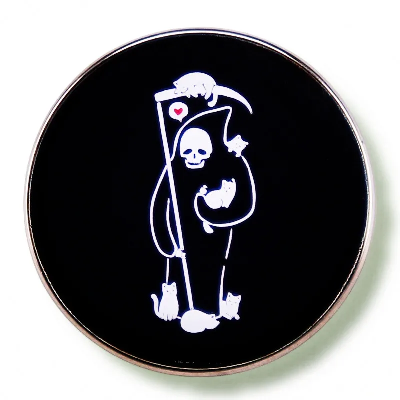 

Grim Reaper Death Is A Cat Person Enamel Pin Brooch Metal Badges Lapel Pins Brooches for Backpacks Luxury Jewelry Accessories
