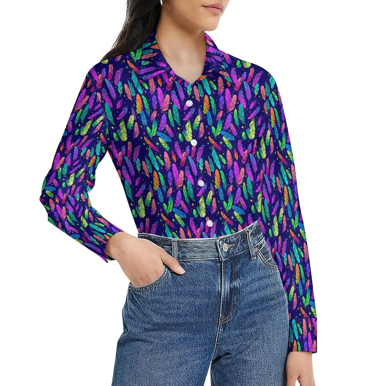 

Colorful Feather Blouse Purple Bule Trendy Design Blouses Womens Street Wear Shirt Spring Long Sleeve Oversize Top