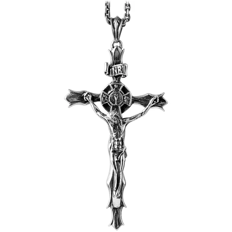 100% S925 Sterling silver jewelry retro Thai silver Jesus Cross Necklace Pendant personality trendy men's style