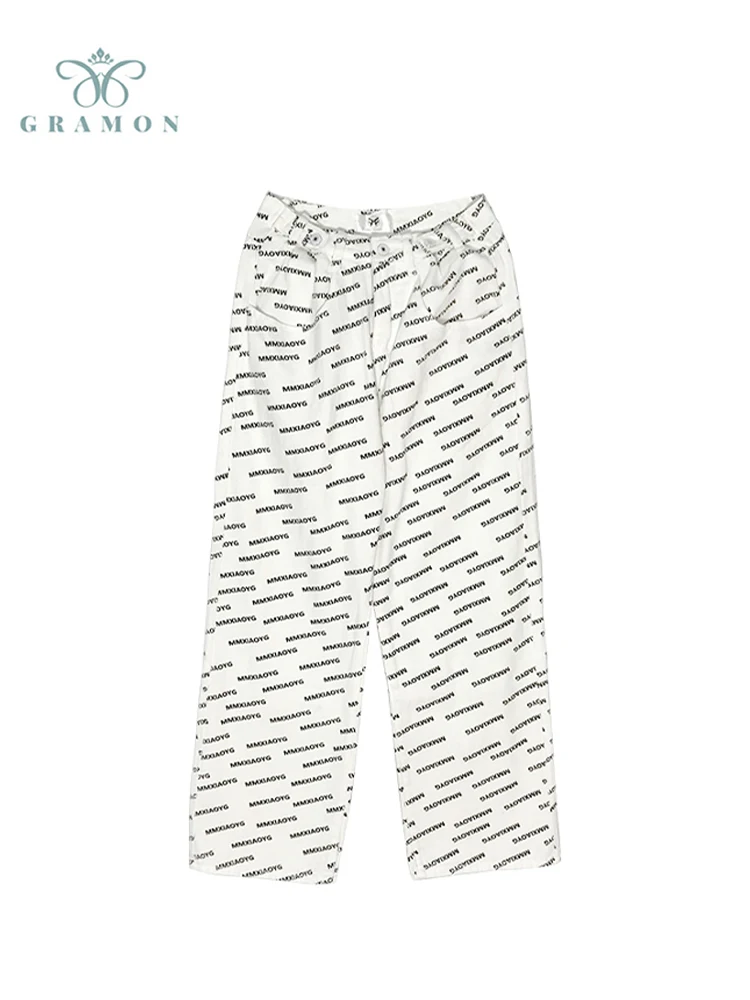 

2022 Summer Autumn Fashion Unisexy Denim Pant Women Vintage High Waist Letter Print Jeans Female Loose Straight Wide Leg Trouser