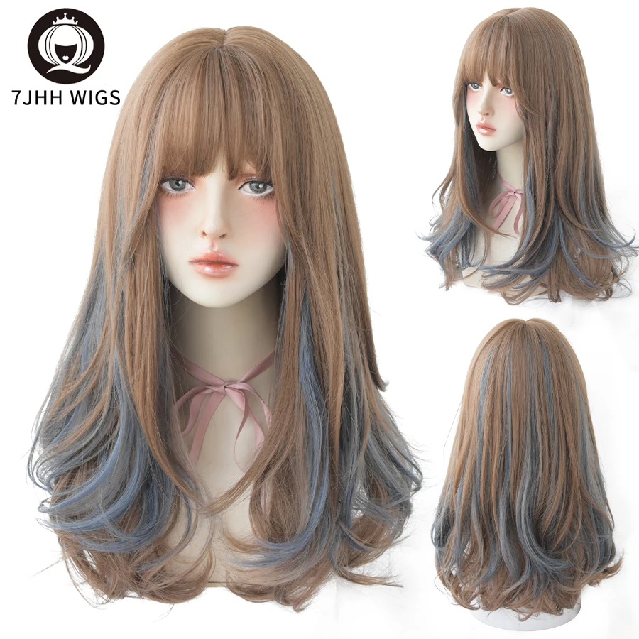 7JHH WIGS Highlights Synthetic Wigs With Bang For Women Long Deep Wave Hair Fashion Cosplay Natural  Cube Lolita Crochet Wig