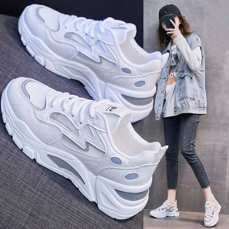 Soft Leather Dad Shoes for Women Spring and Autumn New Sports Mesh Shoes Breathable and Versatile Running Casual Shoes