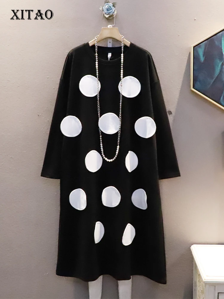 

Женское Повседневное платье в горошек XITAO, корейское свободное платье с круглым вырезом и длинными рукавами, осень 2022, Новое поступление, ...