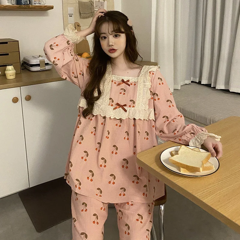 Princess Plaid Pajamas Set Sweet Full-Length Sleepwear For Women Cotton Retro Soft Pyjama Women's Soft Fashion Homewear