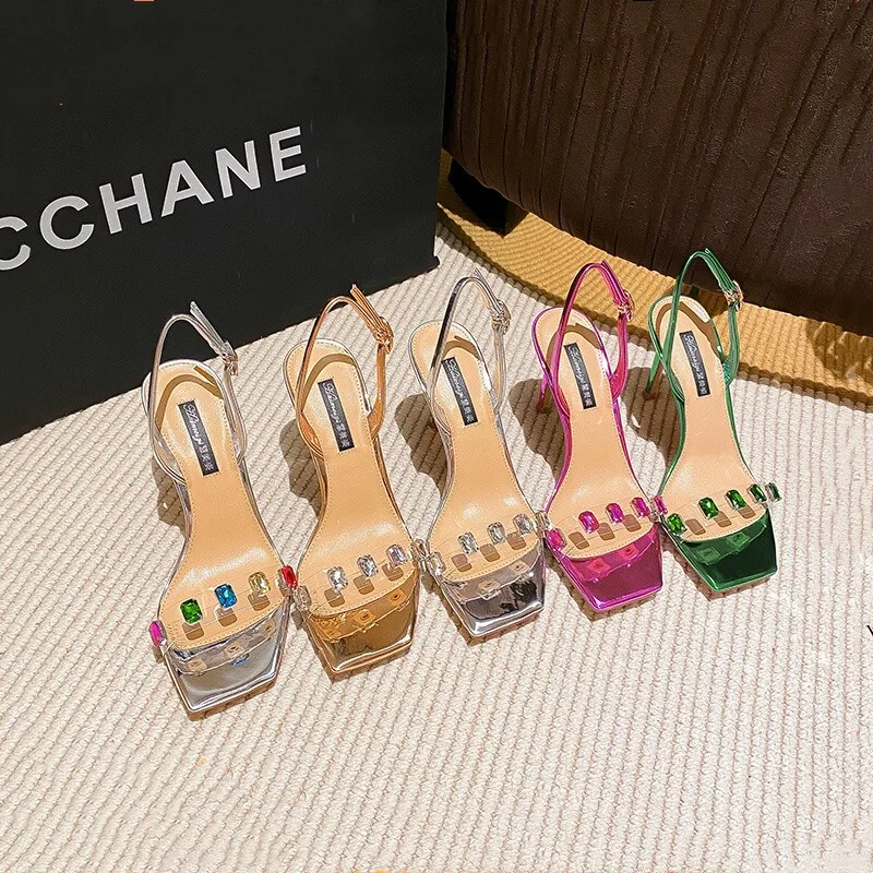 2023 Summer New Women's High Heels Sexy Women's Sandals One Button Rhinestone Pumps Roman Fashion Sandals Party Women's Shoes