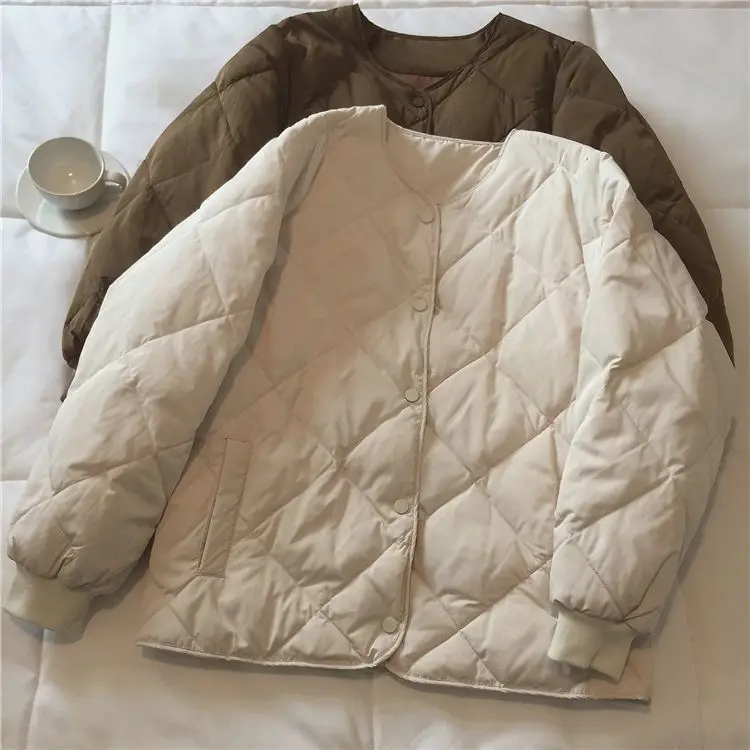 Korean Fashion Commuter Crewneck Cotton Parka Women's Short Parka's Diamond Lattice Brown  Collarless Jacket for Autumn  Winter