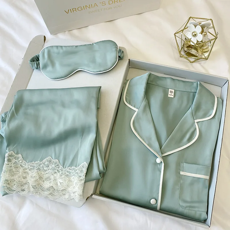 2022 New Silk Ladies Pajamas Autumn Ice Silk Long Sleeve Pants Set Printing Fashion Pajamas Women's Homewear