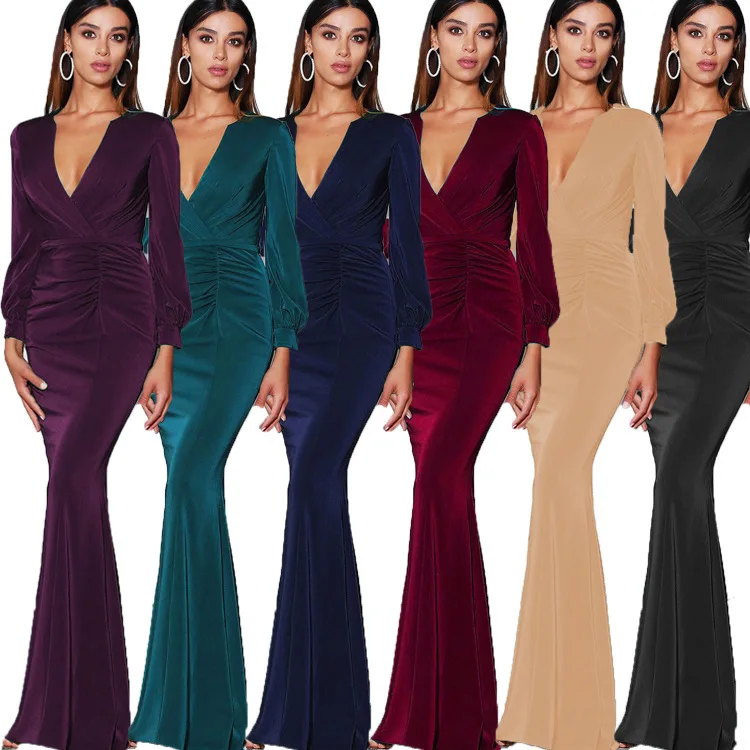 

Сексуальные женские платья для банквечерние, элегантное платье во французском стиле с глубоким V-образным вырезом и длинным рукавом, со шле...