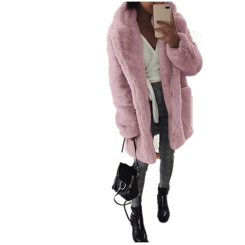 Winter Lapel Mid Length Fur Coat for Women Solid Fashion Casual Rabbit Fur Warm Coat for Women
