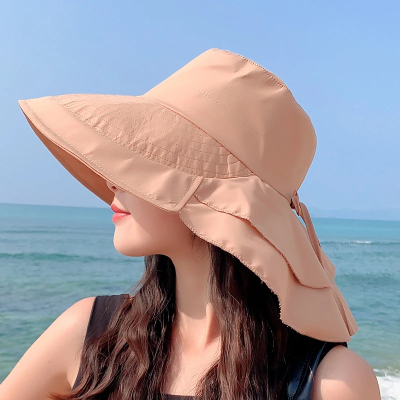 

Sparsil Summer Hat For Women Wide Brim UV Protection Panama Bucket Hats Korea Style Outing Beach Foldable Ponytail Sunshade Caps
