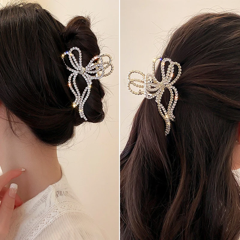 

New Diamond-Studded Clips Pearl Bow Hairpin Back Head Grab Clip Hair Accessories High-End Shark Clip Hairpin Fashion Headgear