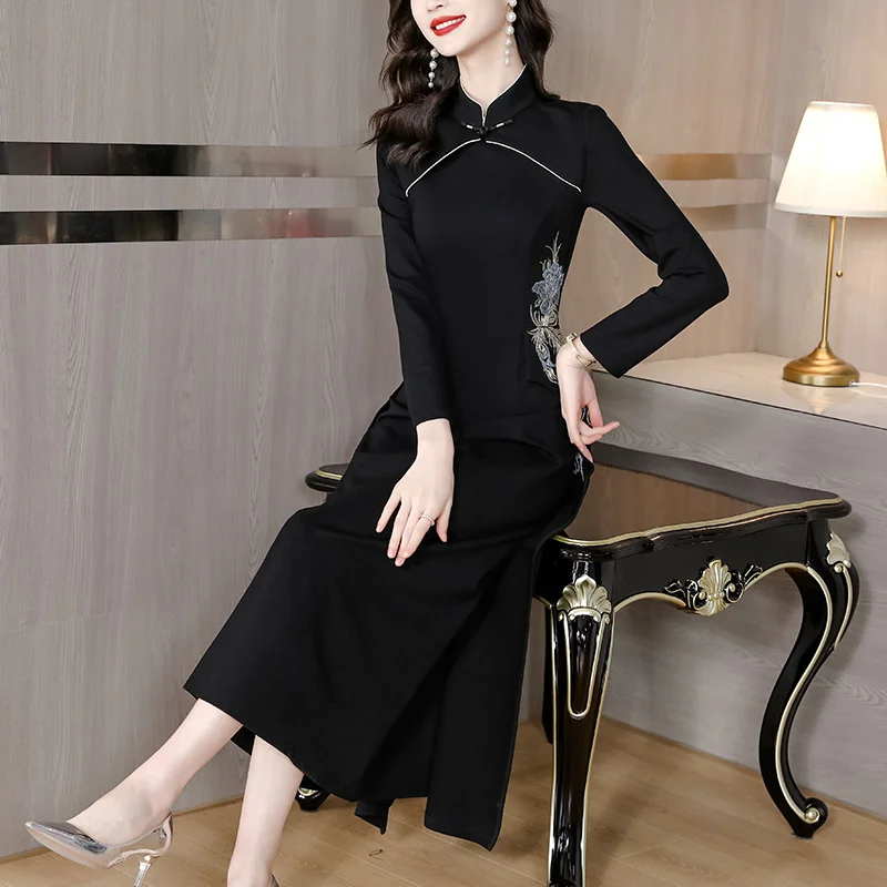 

Autumn Neploe Winter Stand Neck Lace Embroidery Patchwork Robe Femme Vestidos De Mujer Elegant Beading Bandage Velvet Dresses