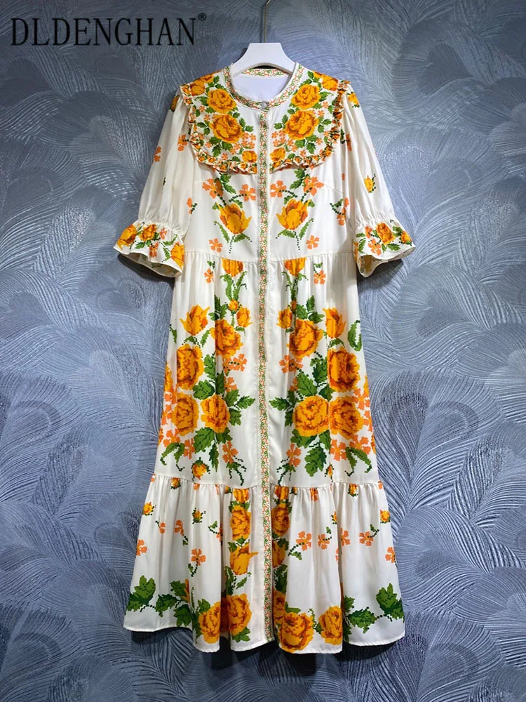 

DLDENGHAN Spring Summer Women Loose Dress O-Neck Flare Sleeve Flowers Print Ruffles Vintage Dresses Fashion Runway New