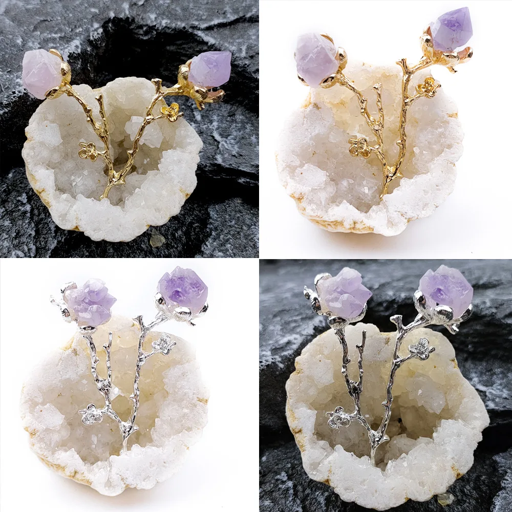 Natural Agate Geode Flower Branch Inlaid With Amethyst Yellow Crystal Tourmaline Small Raw Stone Ornament Soft Decoration Crafts