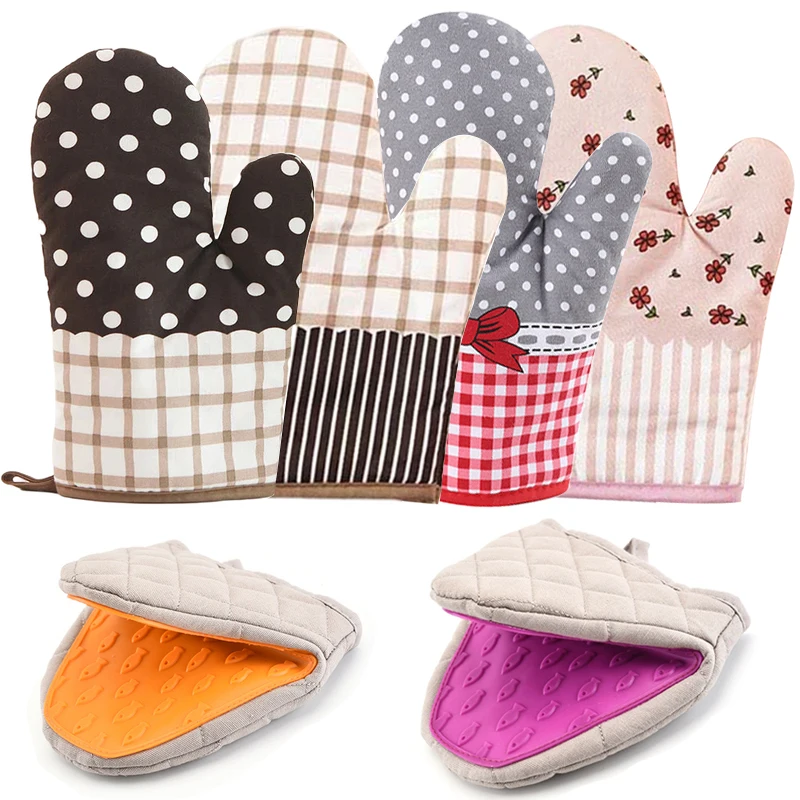 

Хлопковые силиконовые перчатки против ожогов, изоляционные перчатки для выпечки, пищи, духовки, кухонные термостойкие Нескользящие перчатки, 1 шт.