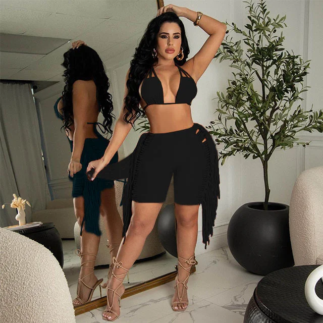 Сексуальный Однотонный женский комплект из двух предметов с бахромой спортивный