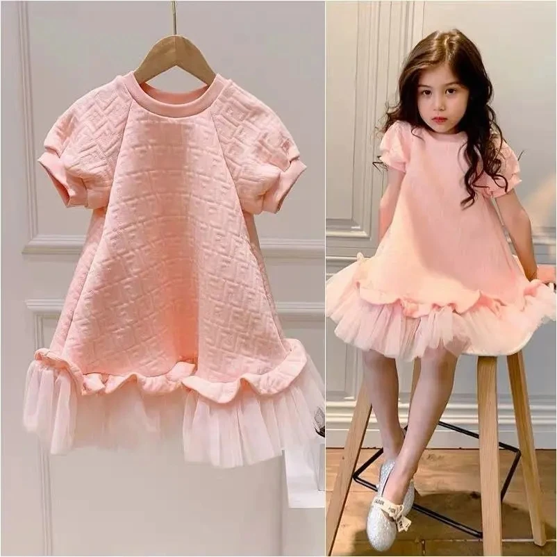 

Spring Summer Girls Dress Fashion 2-9Y Children Pink Long Dress Baby Short-sleeved Mesh Dress Princess Dress Teenage clothing