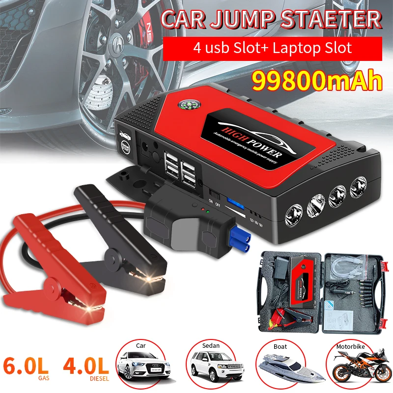 

99800mAh High Quality 600A 12V Output Portable Battery Starter Car Emergency Booster with LED Light Can Be Used as a Charger