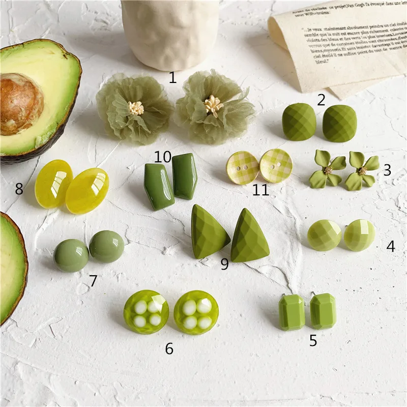 

Minar Multiple Trendy Green Color Geometric Flower Stud Earrings Round Square Acrylic Resin Earrings for Women Summer Jewelry