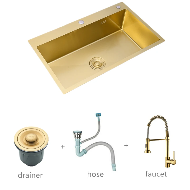 

Gold Kitchen Sink 304 Stainless Steel Single Bowl Above Counter or Undermount Golden Basket Drainer Soap Dispenser Washing Basin