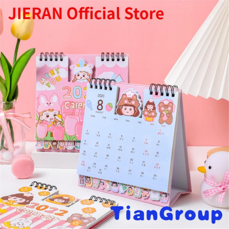 

Kawaii Cartoon Custom Logo Printed Calendar Organizer Station 2022 2023 Spiral Wire-o Monthly Stand Flip Table Desktop Calendar