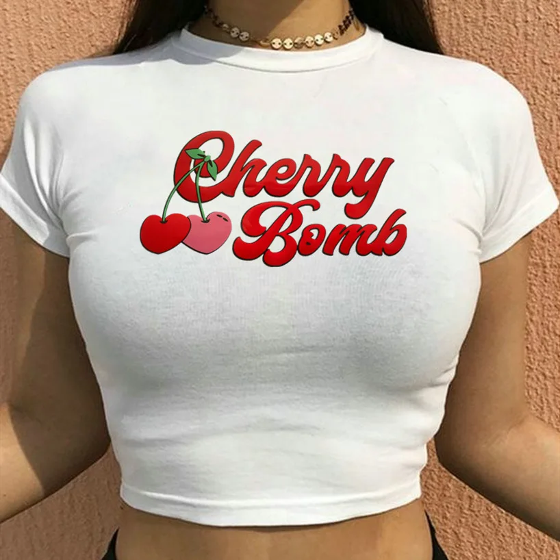 

Cutistation Cherry Bomb Cartoon Print Crop Tops y2k Summer Clothes Woman O-neck Short Sleeve Slim Baby Tees 2000s Kawaii T-Shirt