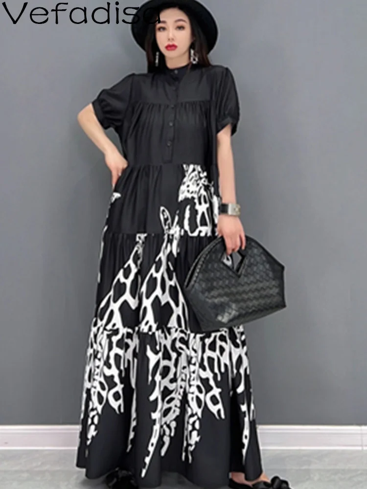 

Vefadisa 2023 Summer Short Sleeve Round Neck Dress Loose Mid-length Printing Temperament Leisure Dress Black Women's LHX4171