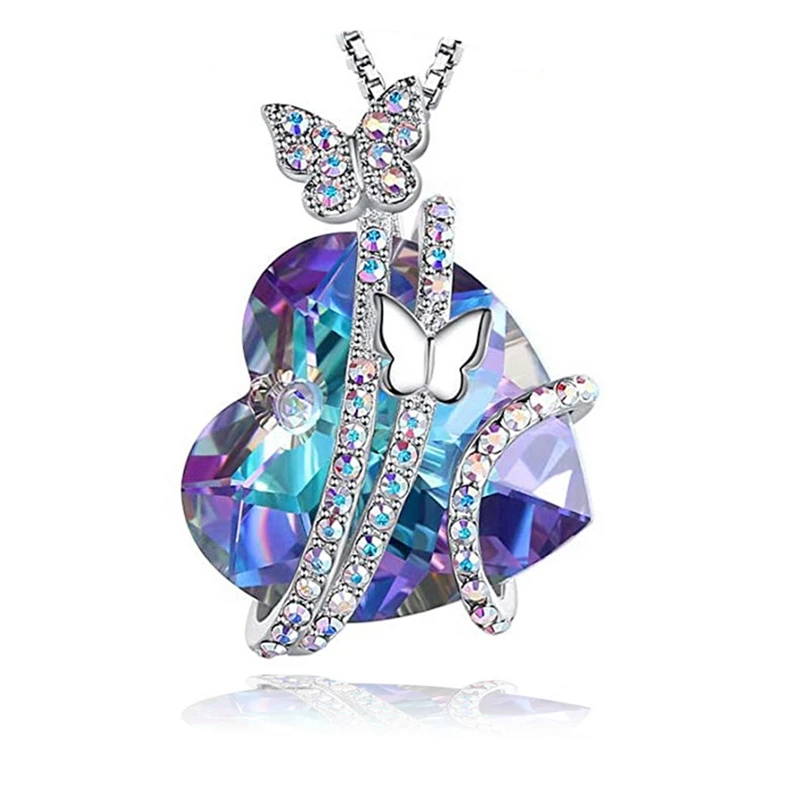 

Butterfly Large Heart Crystal Stone Pendant Necklace Banquet Party Jewelry Silver Color Clavicle Chain Fashion Necklace