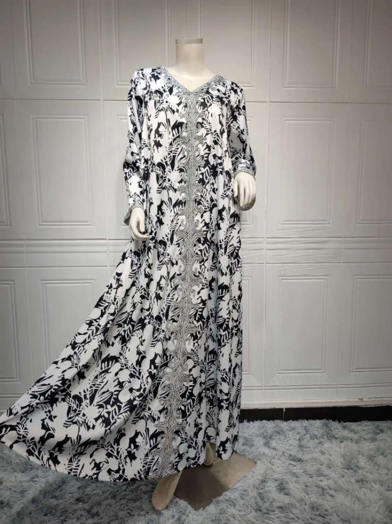 Eid Abaya for Women Muslim Dress Morocco Print V Neck Kaftan Evening Dresses Woman Dubai Turkey Islam Robe Femme Vestidos Caftan