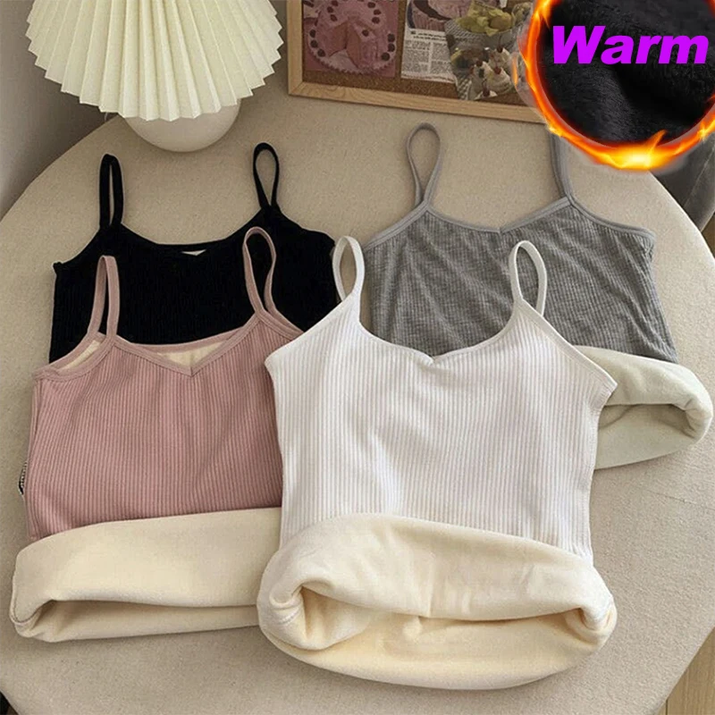 

Winter Velvet Thickened Undershirt Women Solid Color Slim Cozy Thermal Underwear Camisole Warm Sling Vest Top Bottoming Clothing
