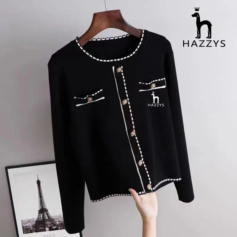 

HAZZYS White Long sleeved Knitwear Autumn New Women's Suit Collar Pocket High Waist Top Temperament Reduced Age Round Neck