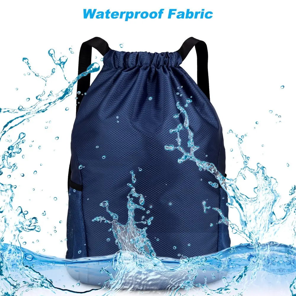 Drawstring Gym Bag, Drawstring Backpack, Gym Sack with Water Bottle Mesh Pockets Waterproof Drawstring Gym Backpack Bag for Men