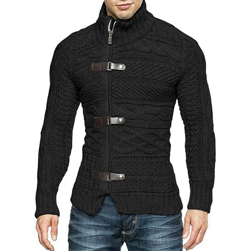 Men Sweaters  Autumn Winter High Neck Sweater Men's Leather Buckle Long Sleeve Knitted Cardigan Coat Large Size Men Clothing