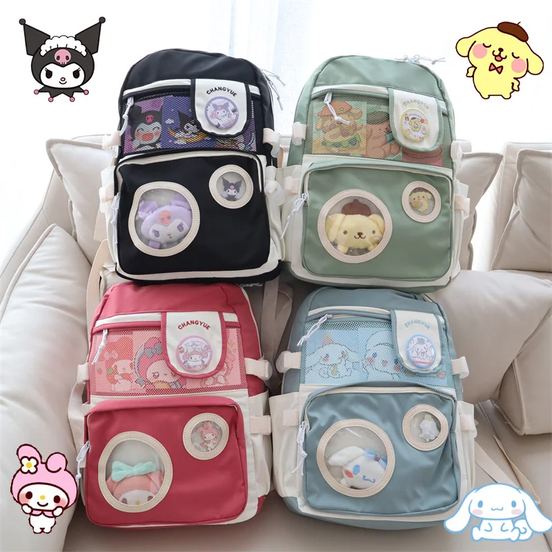 

Cute Anime MyMelody Cinnamoroll Kuromi Pompom Purins Student School Bag Large Capacity Versatile Kawaii Sanrioed Backpack Gift