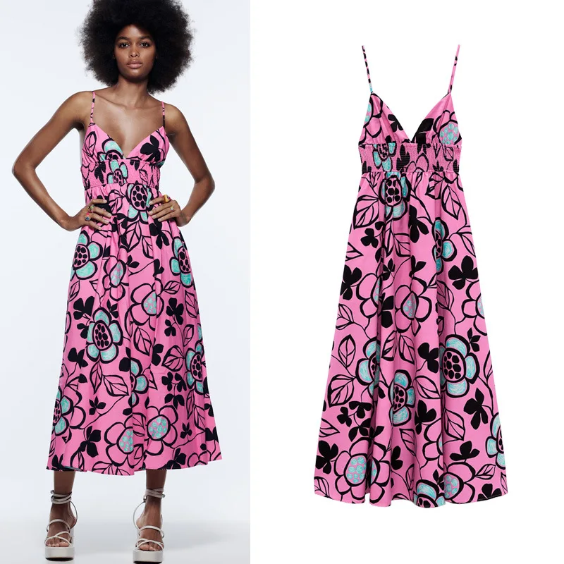 

Summer holiday collar suspender dress loose big hem Vintage printed poplin dress women