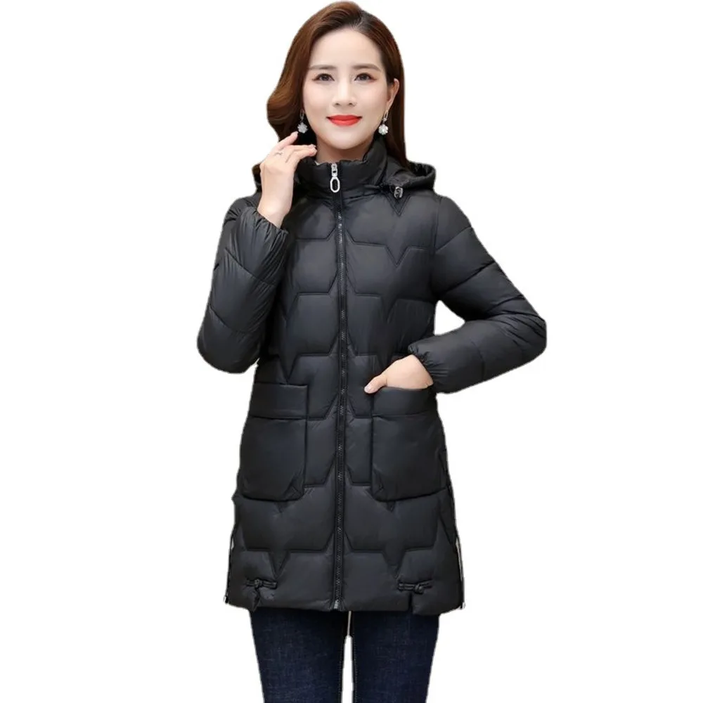 2022 New Autumn and Winter Lightweight Cotton Jacket Mid length Removable Hat Fashion Cotton Suit Slim Warm Cotton Jacket