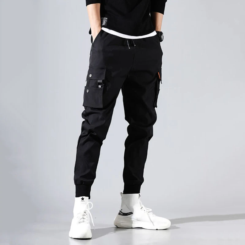 Cargo Pants Men Solid Color Black Loose Casual Jogger Pocket Elastic waist Ankle Length Trousers Techwear
