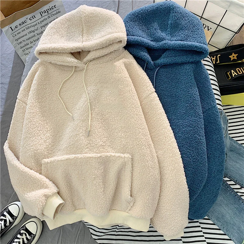 

Thick Warm Coat Solid Blue Black Pullover Women Hooded Sweatshirt Loose Long Sleeve Hoodie Velvet Cashmere Hoodie