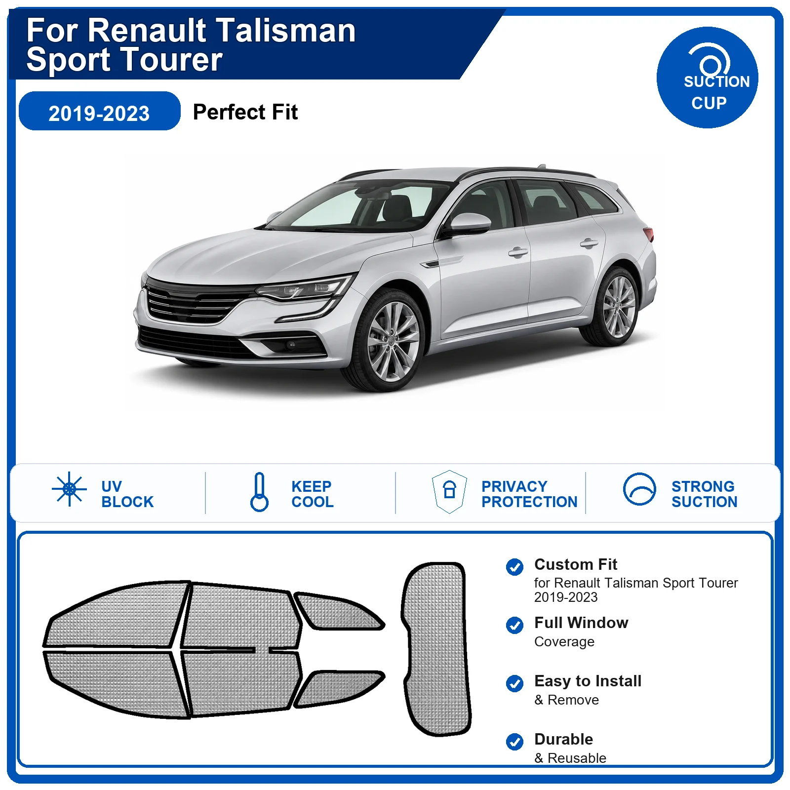 Фото Для Renault Talisman Sport Tourer 2019-2023: Полный комплект солнцезащитных шторок на лобовое стекло из алюминиевой фольги, теплоизоляционные, с защитой от УФ-лучей, складные