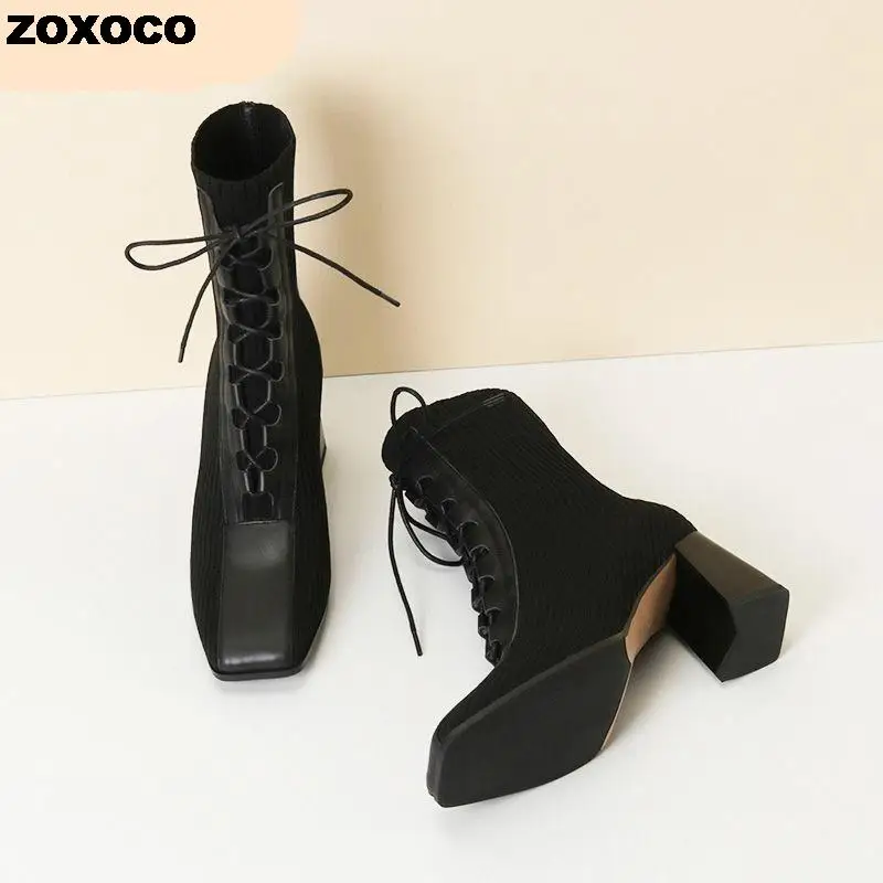 ZOXOCO 2022 Autumn Winter New Fashion Stitching Knitted Elastic Stockings Boots High-heeled Short Boots Women's Square Toe 39