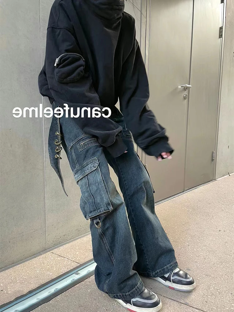 

Прямые женские джинсовые брюки Y2K в стиле ретро, дизайнерские брюки из денима с завышенной талией, с несколькими карманами, модная уличная одежда синего цвета